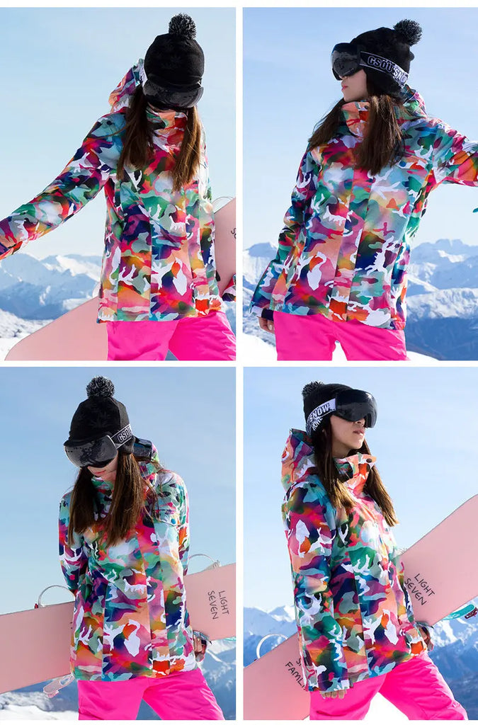 Women Hooded Ski Jacket & Bibs Pants Suits Printed Snowboard Outwear 