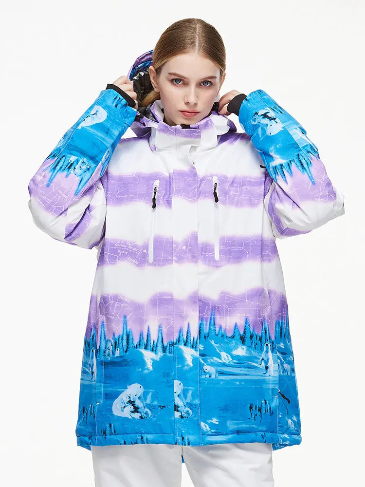 Women Waterproof Ski Jacket Hooded Printed Snowboard Coat 