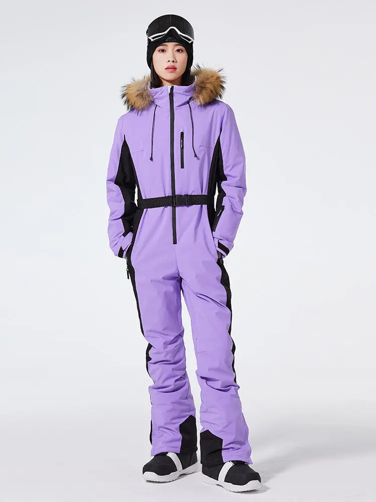 Women's One Piece Ski Suits Fur Collar HOTIAN