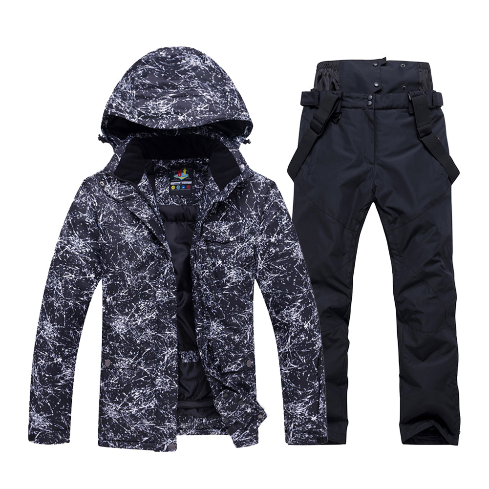 HOTIAN Men Marble Pattern Hooded Snowboard Ski Jacket and Pants Set HOTIAN