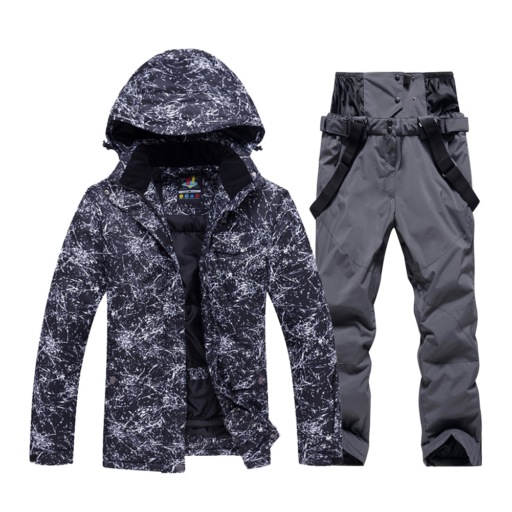 HOTIAN Men Marble Pattern Hooded Snowboard Ski Jacket and Pants Set HOTIAN