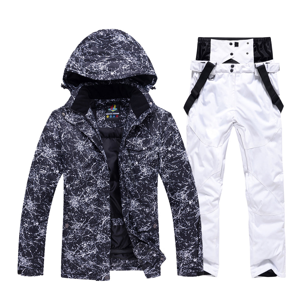 HOTIAN Men Marble Pattern Hooded Snowboard Ski Jacket and Pants Set HOTIAN