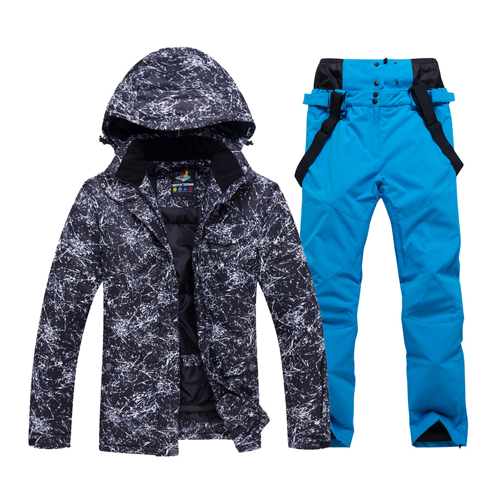 HOTIAN Men Marble Pattern Hooded Snowboard Ski Jacket and Pants Set HOTIAN