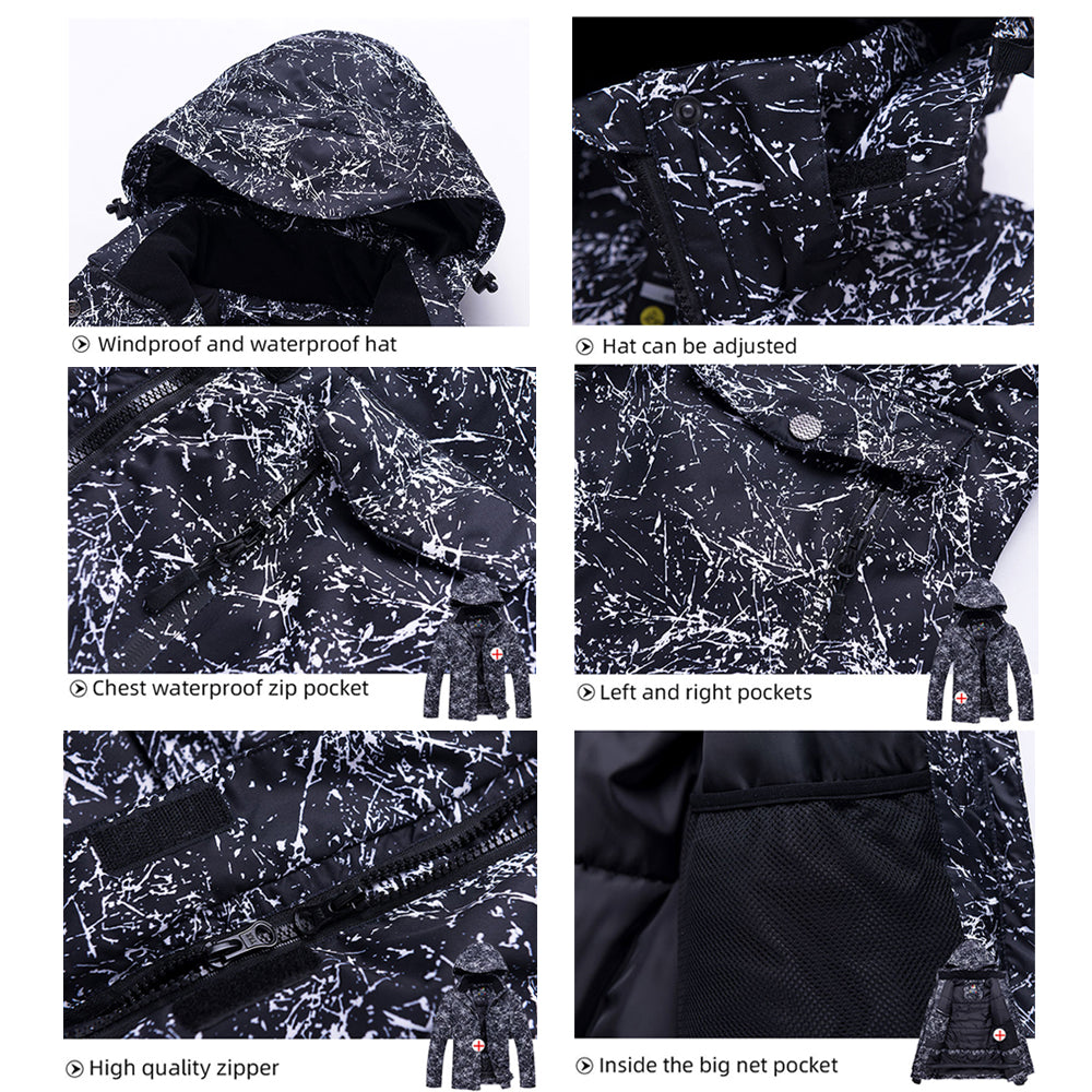 HOTIAN Men Marble Pattern Hooded Snowboard Ski Jacket and Pants Set HOTIAN