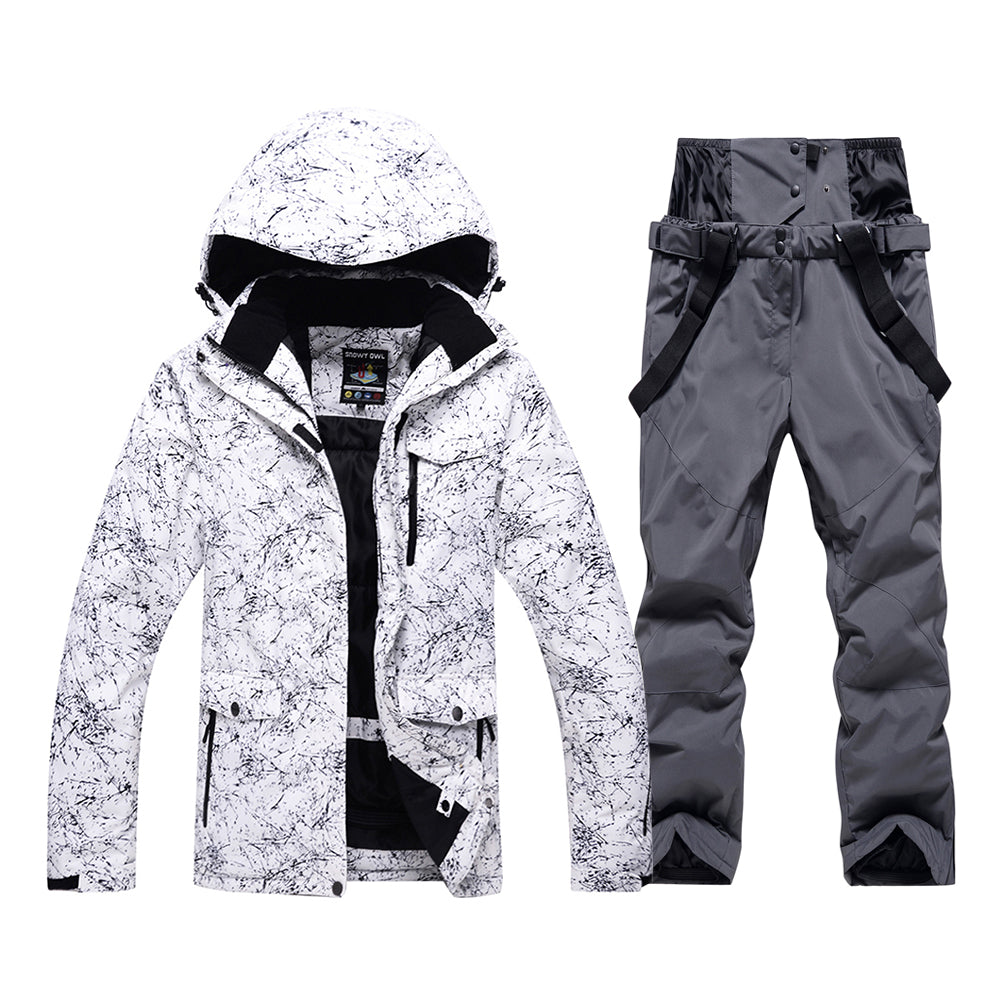 HOTIAN Men Marble Pattern Hooded Snowboard Ski Jacket and Pants Set HOTIAN