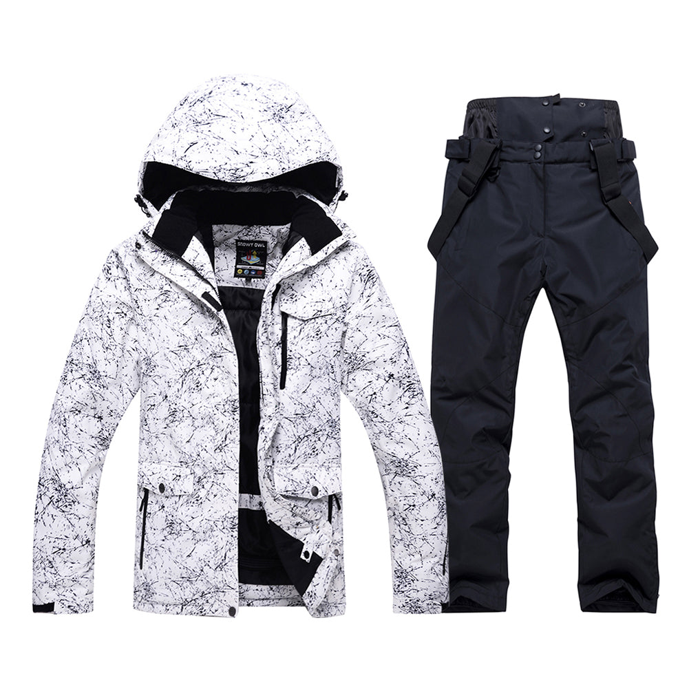 HOTIAN Men Marble Pattern Hooded Snowboard Ski Jacket and Pants Set HOTIAN