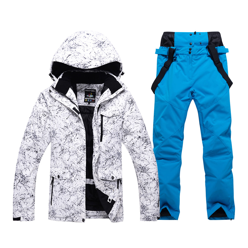 HOTIAN Men Marble Pattern Hooded Snowboard Ski Jacket and Pants Set HOTIAN