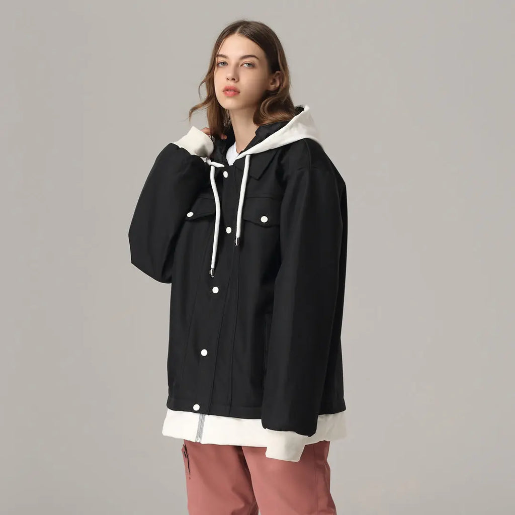 HOTIAN Women Contrast Hood Tooling Multi-pocket Ski Jacket HOTIAN