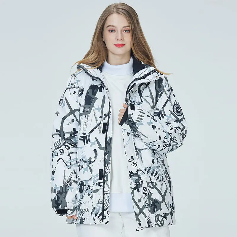 HOTIAN Women's Graffiti Print Hooded Ski Cargo Jacket HOTIAN