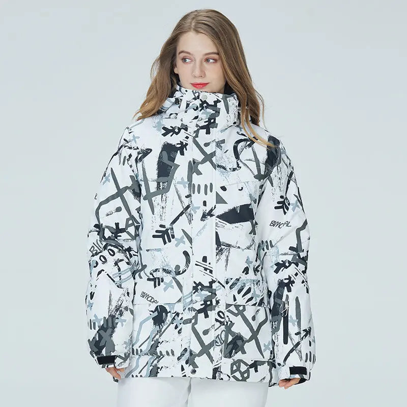 HOTIAN Women's Graffiti Print Hooded Ski Cargo Jacket HOTIAN