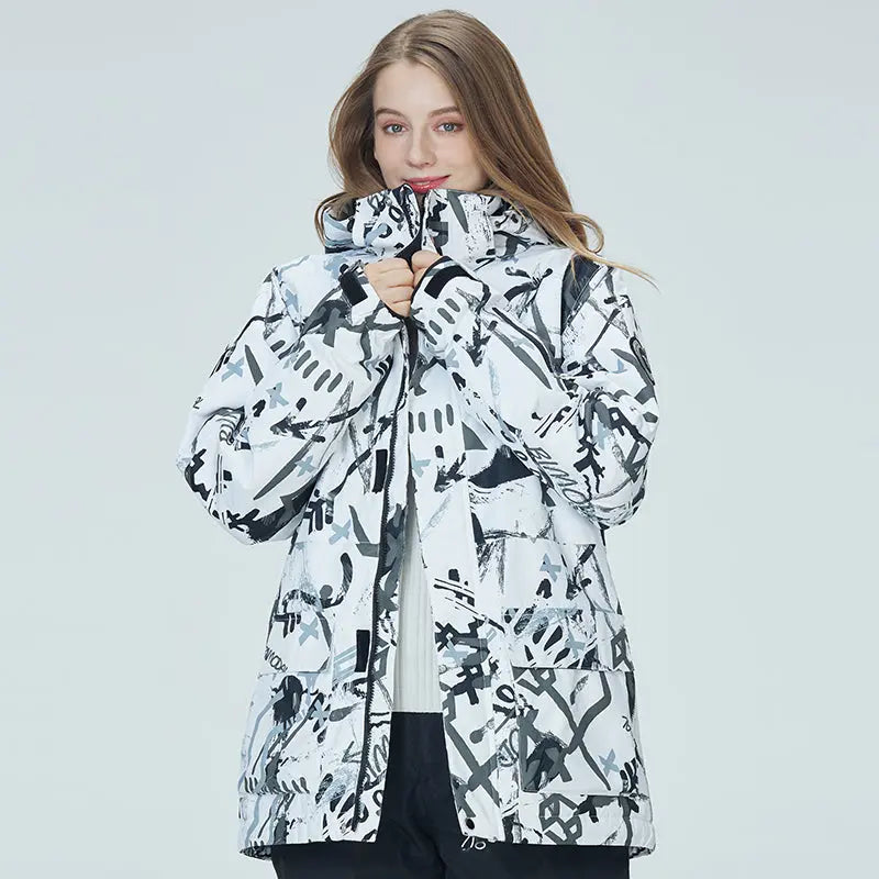 HOTIAN Women's Graffiti Print Hooded Ski Cargo Jacket HOTIAN