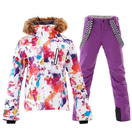 HOTIAN Women's Warm with Fur Collar Ski Jacket and Pants Set HOTIAN